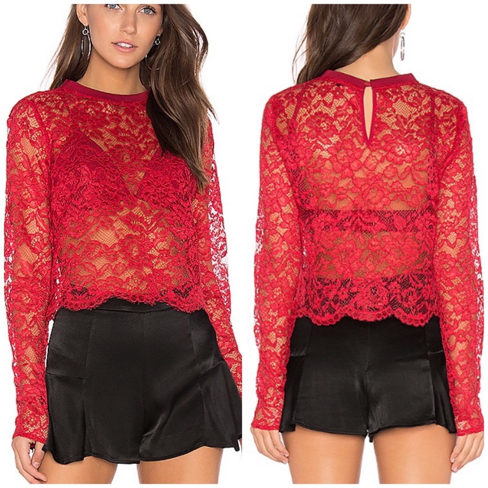 NBD Deborah Lace Top Small red sheer long sleeve floral  crop